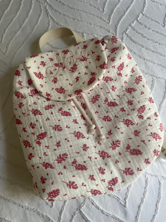 Sac à dos gaz de coton feuillage rose avec prénom 